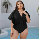 Plus Size Ruched Surplice Neck One-Piece Swimsuit-Swimsuit-Glitz Glam and Rebellion GGR Pinup, Retro, and Rockabilly Fashions
