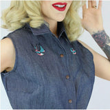 Embroidered Sparrows Denim Top by Hemet-Apparel & Accessories-Glitz Glam and Rebellion GGR Pinup, Retro, and Rockabilly Fashions