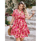 Plus Size Printed V-Neck Flutter Sleeve Dress-Dress-Glitz Glam and Rebellion GGR Pinup, Retro, and Rockabilly Fashions