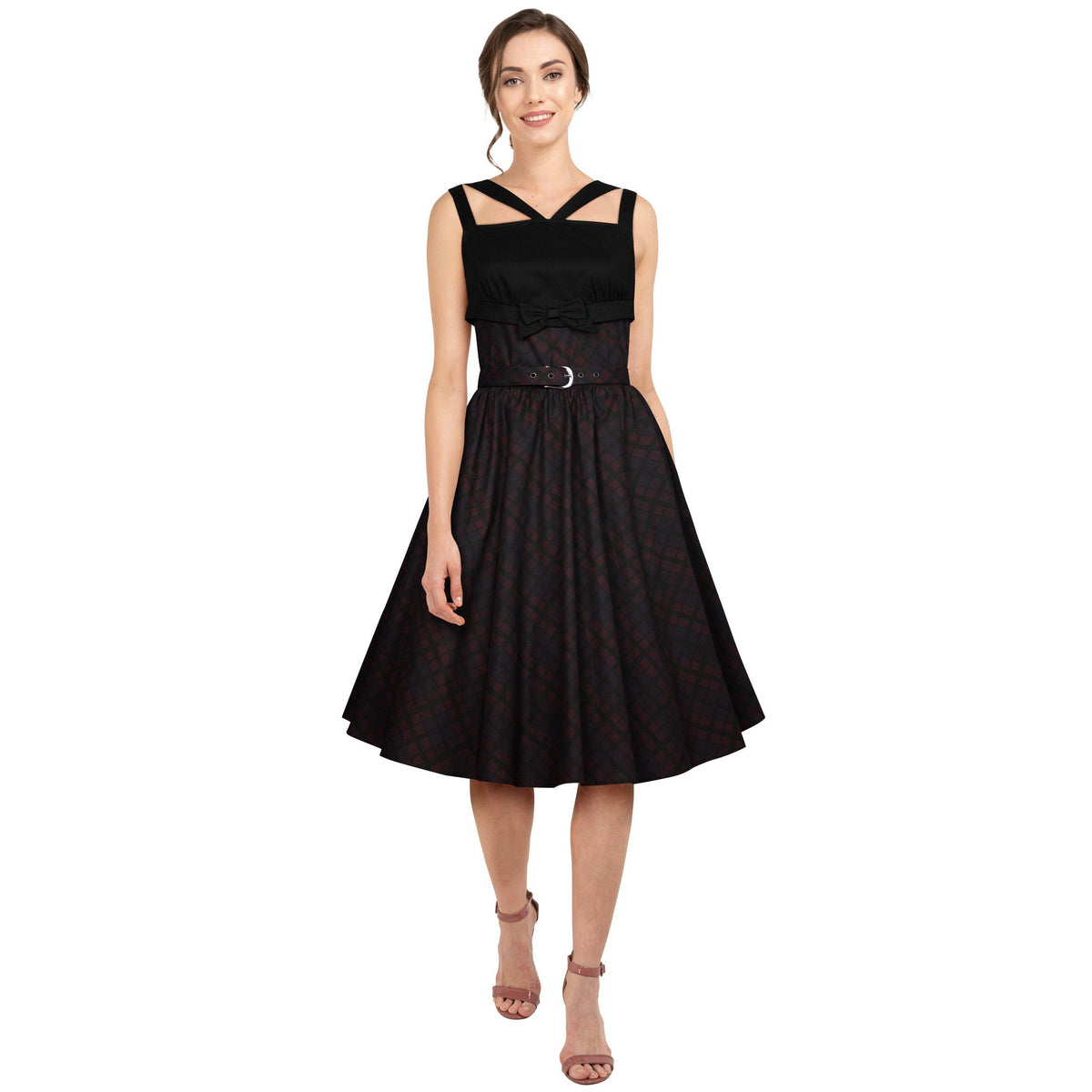 Strappy Swing Dress in Black Purple Plaid Glitz Glam and Rebellion