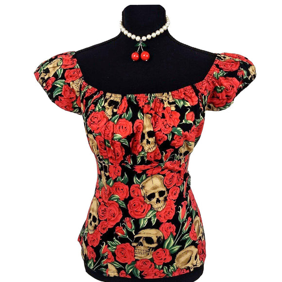 GGR Pinup Peasant Top in Skulls and Roses Print-Blouse-Glitz Glam and Rebellion GGR Pinup, Retro, and Rockabilly Fashions