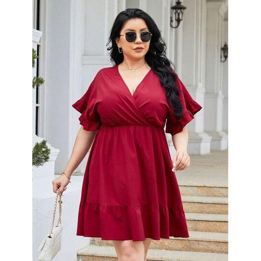 Plus Size Ruched Flounce Sleeve Mini Dress-Dress-Glitz Glam and Rebellion GGR Pinup, Retro, and Rockabilly Fashions