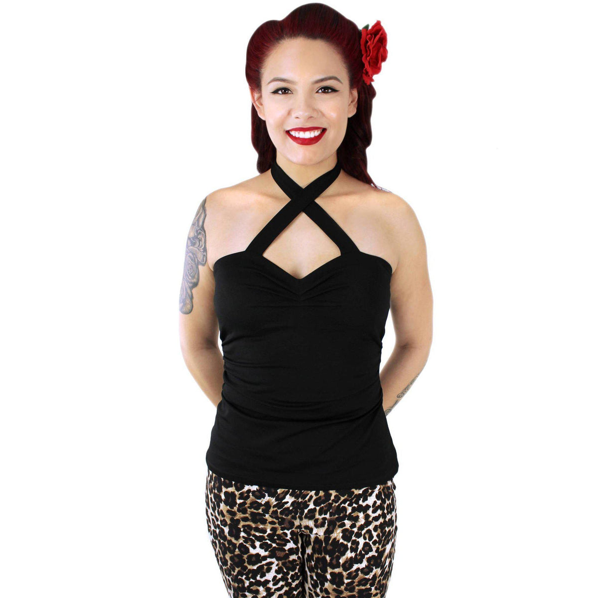 売れ筋商品|||ポエティックジャスティス カットソー トップス レディース Plus Size Button-Up Back Halter Top Black Poetic Justice Plus Size Curvy Women's Black Chiffon Button