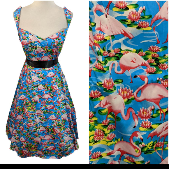 H&R London Flamingos Dress in Blue-Dress-Glitz Glam and Rebellion GGR Pinup, Retro, and Rockabilly Fashions