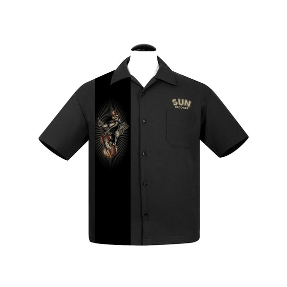 Steady Clothing Sun Roosterbilly Panel Mens Bowling Shirt in Black-Men's Bowling Shirt-Glitz Glam and Rebellion GGR Pinup, Retro, and Rockabilly Fashions