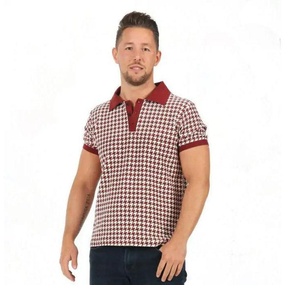 Collectif Pablo Dogtooth Polo Shirt Red-Men's Shirts-Glitz Glam and Rebellion GGR Pinup, Retro, and Rockabilly Fashions