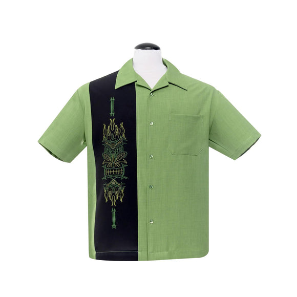 Steady Clothing Pinstripe Tiki Panel Bowling Shirt in Green-Men's Bowling Shirt-Glitz Glam and Rebellion GGR Pinup, Retro, and Rockabilly Fashions