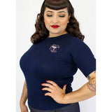 Hemet Embroidered Martini Navy Blue Knit Top-Apparel & Accessories-Glitz Glam and Rebellion GGR Pinup, Retro, and Rockabilly Fashions