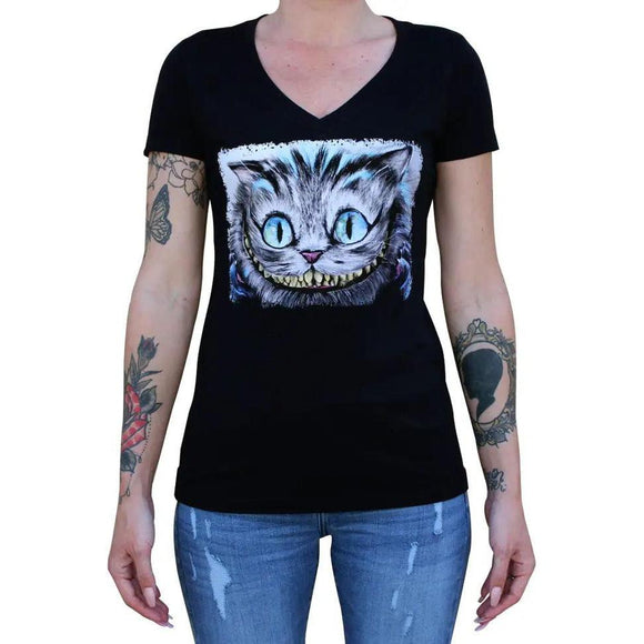 Cheshire - Women's Vneck T-Shirt-Apparel & Accessories-Glitz Glam and Rebellion GGR Pinup, Retro, and Rockabilly Fashions