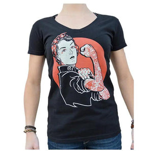 Black Market Art Company We Can Do It - Women's Vneck T-Shirt-Apparel & Accessories-Glitz Glam and Rebellion GGR Pinup, Retro, and Rockabilly Fashions
