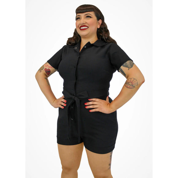 Hemet Black Stretchy Romper With Belt-Apparel & Accessories-Glitz Glam and Rebellion GGR Pinup, Retro, and Rockabilly Fashions