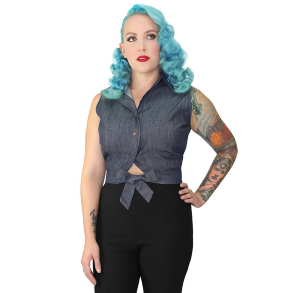 Hemet Denim Knotted Top-Apparel & Accessories-Glitz Glam and Rebellion GGR Pinup, Retro, and Rockabilly Fashions