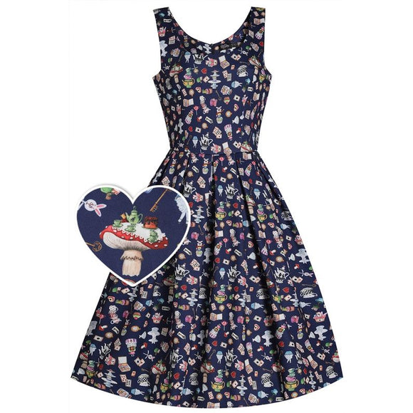 Amanda Swing Dress in Navy Blue with Wonderland Print-Apparel & Accessories-Glitz Glam and Rebellion GGR Pinup, Retro, and Rockabilly Fashions