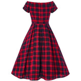 Lily Off Shoulder Red Tartan Swing Dress-Apparel & Accessories-Glitz Glam and Rebellion GGR Pinup, Retro, and Rockabilly Fashions
