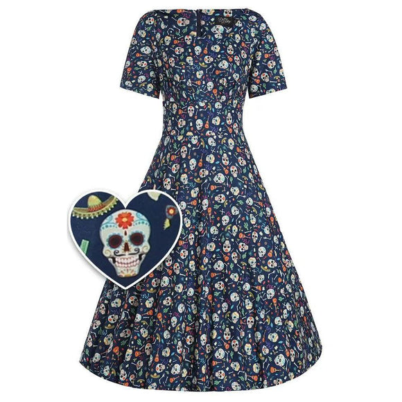 Brenda Navy Blue Mexican Skull Short-Sleeved Adorned Dress-Apparel & Accessories-Glitz Glam and Rebellion GGR Pinup, Retro, and Rockabilly Fashions