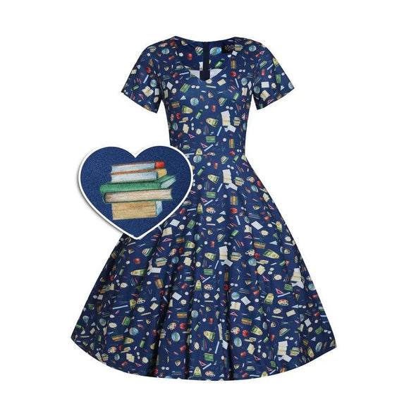 Patricia V-Neckline Blue Dress in School Supplies Print-Apparel & Accessories-Glitz Glam and Rebellion GGR Pinup, Retro, and Rockabilly Fashions