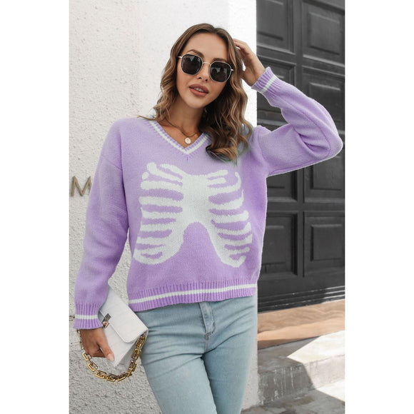 Skeleton Pattern V-Neck Long Sleeve Pullover Sweater-Sweater-Glitz Glam and Rebellion GGR Pinup, Retro, and Rockabilly Fashions