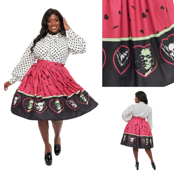 Universal Monsters x Unique Vintage Frankenstein & Bride Of Frankenstein Border Gellar Swing Skirt-Skirts-Glitz Glam and Rebellion GGR Pinup, Retro, and Rockabilly Fashions