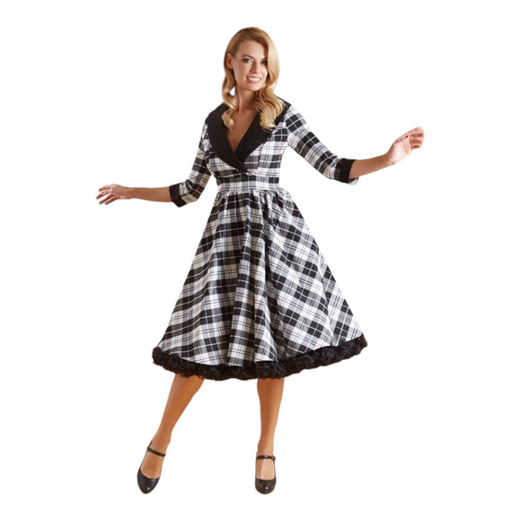 Dolly & Dotty Tiffany Coat Dress in Black and White Tartan-Glitz Glam and Rebellion GGR Pinup, Retro, and Rockabilly Fashions