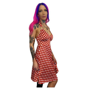 SwitchBlade Stiletto Red and White Polka Dot Valentines Marilyn Ring Halter Dress-Dress-Glitz Glam and Rebellion GGR Pinup, Retro, and Rockabilly Fashions