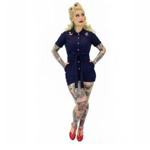 Hemet Stretchy Nautical Anchor Navy Romper with Belt-Glitz Glam and Rebellion GGR Pinup, Retro, and Rockabilly Fashions