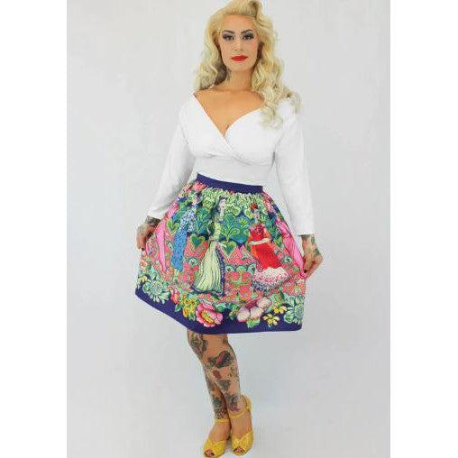 Purple Frida Mexican Vintage Inspired Retro Thick Sateen Band Skirt-Glitz Glam and Rebellion GGR Pinup, Retro, and Rockabilly Fashions