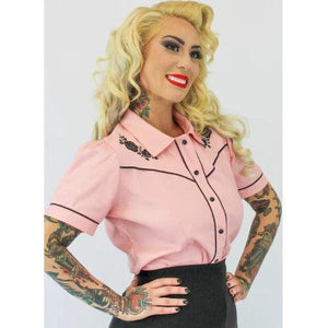 Pink Black Rose Rockabilly Western Top by Hemet-Blouse-Glitz Glam and Rebellion GGR Pinup, Retro, and Rockabilly Fashions