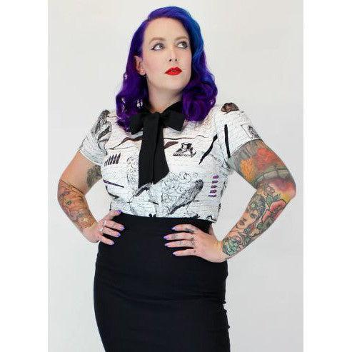 White Edgar Allan Poe Script Bow Top by Hemet-Blouse-Glitz Glam and Rebellion GGR Pinup, Retro, and Rockabilly Fashions