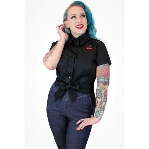 Embroidered Cherries Black Knot Top by Hemet-Blouse-Glitz Glam and Rebellion GGR Pinup, Retro, and Rockabilly Fashions