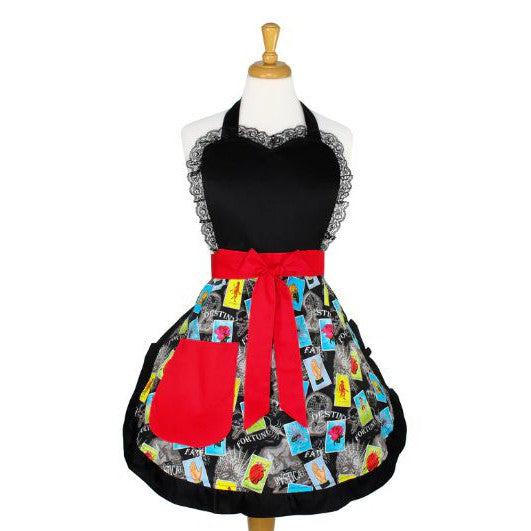 Cartas Marcadas Loteria Halloween Day of the Dead Apron with Lace Trim by Hemet-Pinup Aprons-Glitz Glam and Rebellion GGR Pinup, Retro, and Rockabilly Fashions