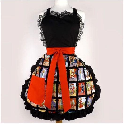 Cartas Marcadas Day of the Dead Apron With Lace Trim Load by Hemet-Pinup Aprons-Glitz Glam and Rebellion GGR Pinup, Retro, and Rockabilly Fashions