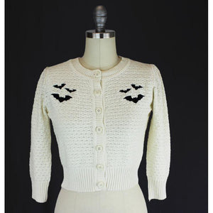 Ivory Embroidered Bat Cardigan Sweater by Hemet-Cardigan-Glitz Glam and Rebellion GGR Pinup, Retro, and Rockabilly Fashions