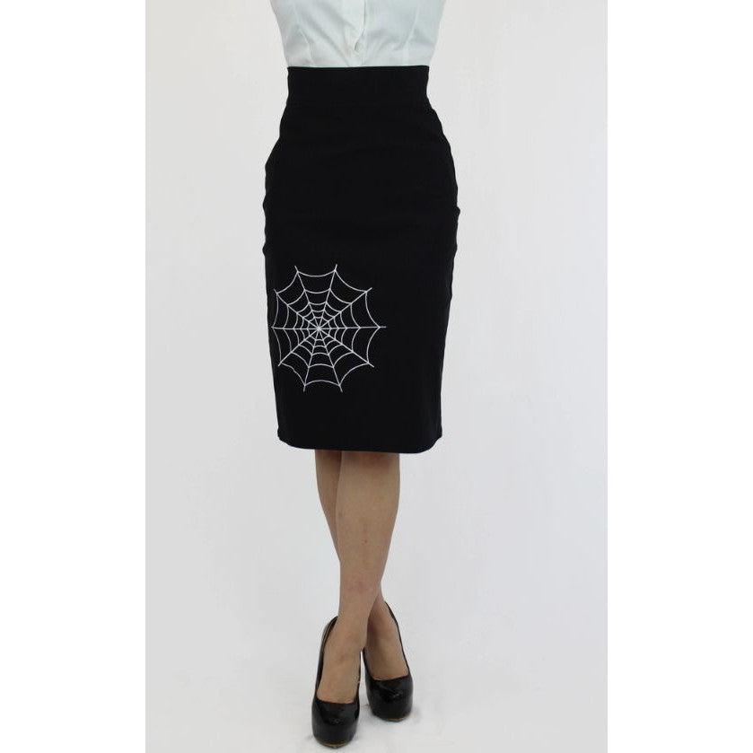 Hemet Pinup Pencil Skirt in Black with Spiderweb Embroidery
