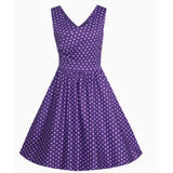 Dolly & Dotty May V-Neck 50's Style Swing Dress in Purple & White Polka Dot-Dress-Glitz Glam and Rebellion GGR Pinup, Retro, and Rockabilly Fashions