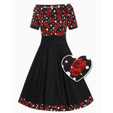 Dotty & Dolly Darlene Retro Black with Red Roses and Polka Dots Swing Dress-Apparel & Accessories-Glitz Glam and Rebellion GGR Pinup, Retro, and Rockabilly Fashions