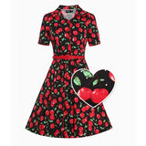 Dotty & Dolly Penelope Rockabilly Black Cherry Print Shirt Dress-Apparel & Accessories-Glitz Glam and Rebellion GGR Pinup, Retro, and Rockabilly Fashions