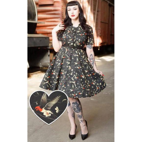 Dotty & Dolly Penelope Rockabilly Black Bird & Floral Print Shirt Dress-Apparel & Accessories-Glitz Glam and Rebellion GGR Pinup, Retro, and Rockabilly Fashions