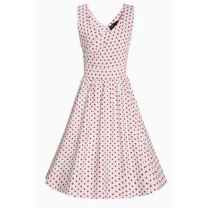 Dotty & Dolly May V-Neck 50's Style White & Red Polka Dot Swing Dress-Apparel & Accessories-Glitz Glam and Rebellion GGR Pinup, Retro, and Rockabilly Fashions