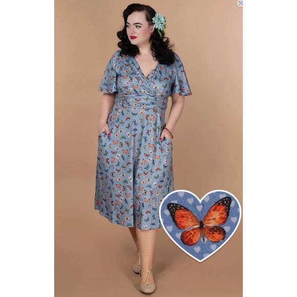 Dolly & Dotty Donna Light Blue Butterfly Print Crossover Bust Dress-Dress-Glitz Glam and Rebellion GGR Pinup, Retro, and Rockabilly Fashions