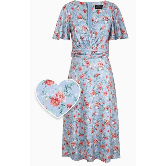 Dolly & Dotty Donna Light Blue Poppy Print Crossover Bust Dress-Dress-Glitz Glam and Rebellion GGR Pinup, Retro, and Rockabilly Fashions