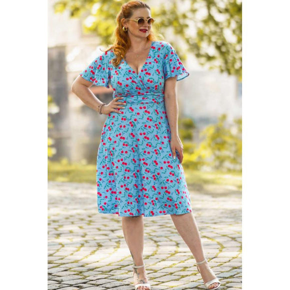 Dolly & Dotty Donna Light Blue Cherry Print Crossover Bust Dress-Dress-Glitz Glam and Rebellion GGR Pinup, Retro, and Rockabilly Fashions