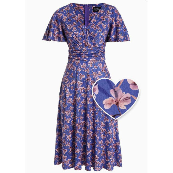 Dolly & Dotty Donna Blue Orchid Print Crossover Bust Dress-Dress-Glitz Glam and Rebellion GGR Pinup, Retro, and Rockabilly Fashions