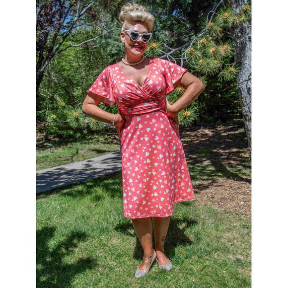 Dolly & Dotty Donna Pink Multicolored Heart Print Crossover Bust Dress-Dress-Glitz Glam and Rebellion GGR Pinup, Retro, and Rockabilly Fashions