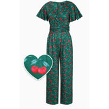 Dolly & Dotty Charlotte Emerald Green with Cherry Print Jumpsuit-Jumpsuits & Rompers-Glitz Glam and Rebellion GGR Pinup, Retro, and Rockabilly Fashions