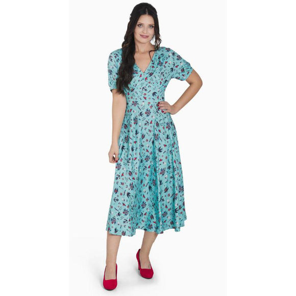 Dolly & Dotty Julia Sky Blue Midi Dress with Nautical Print-Jumpsuits & Rompers-Glitz Glam and Rebellion GGR Pinup, Retro, and Rockabilly Fashions