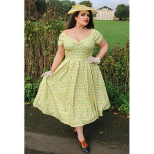 Dolly & Dotty Lily Off Shoulder Cream 50s Inspired Pear Print Dress-Dresses-Glitz Glam and Rebellion GGR Pinup, Retro, and Rockabilly Fashions