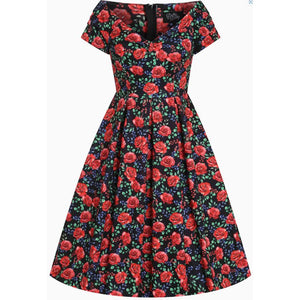 Dolly & Dotty Lily Off Shoulder Black with Red Roses and Blue and Green Accents Dress-Dresses-Glitz Glam and Rebellion GGR Pinup, Retro, and Rockabilly Fashions