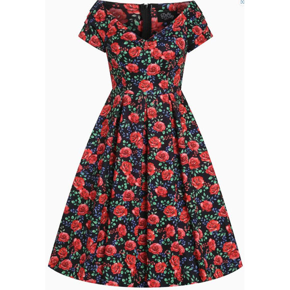 Dolly & Dotty Lily Off Shoulder Black with Red Roses and Blue and Green Accents Dress-Dresses-Glitz Glam and Rebellion GGR Pinup, Retro, and Rockabilly Fashions