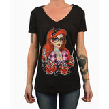 "Tattooed Mermaid" Art by Miss Cherry Martini Women's V-Neck T-Shirt by Black Market Art-Apparel & Accessories-Glitz Glam and Rebellion GGR Pinup, Retro, and Rockabilly Fashions