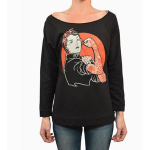 "We Can Do It" Art by ADI Women's Unfinished Scoop Neck Sweatshirt by Black Market Art-Apparel & Accessories-Glitz Glam and Rebellion GGR Pinup, Retro, and Rockabilly Fashions